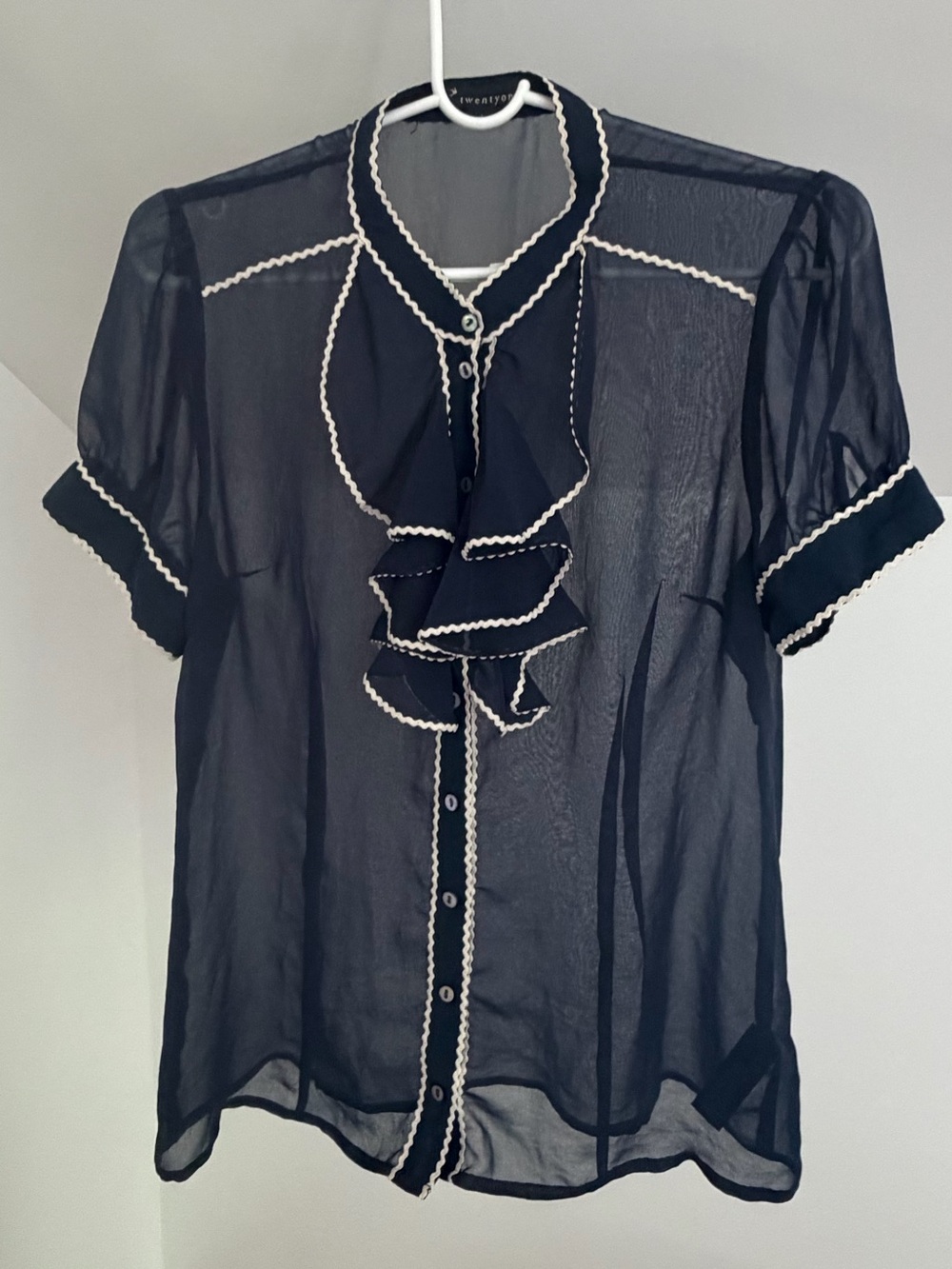 Twenty One Navy Sheer Ruffle-Front Women’s Blouse with Contrast Trim size L